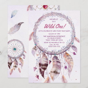 Wild One Pink Boho Dreamcatcher Birthday Invitation