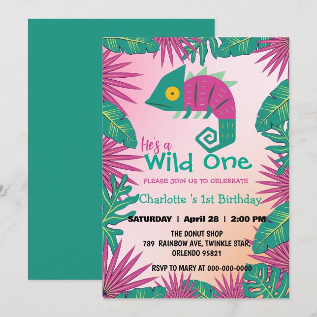 Wild One Pink chameleon jungle 1st Animal Birthday Invitation (Front/Back)