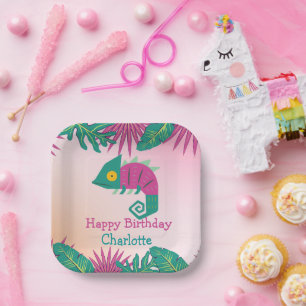 Wild One Pink chameleon jungle 1st Animal Birthday Paper Plate