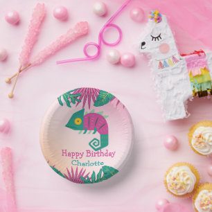 Wild One Pink chameleon jungle 1st Animal Birthday Paper Plate