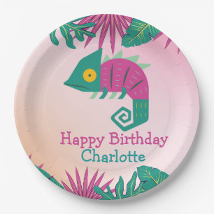 Wild One Pink chameleon jungle 1st Animal Birthday Paper Plate