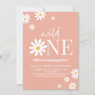 Wild One Pink Daisy 1st Birthday Invitation