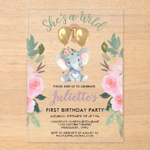 Wild One Pink Girl Elephant First Birthday  Acrylic Invitations