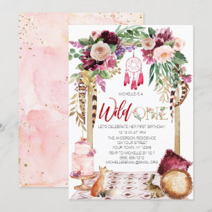 Wild One Pink Gold Boho Dream Catcher Birthday Invitation
