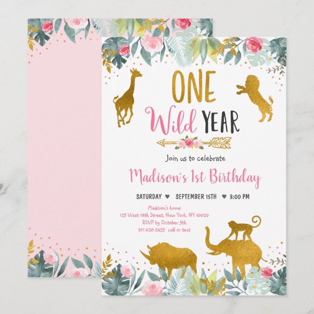 Wild One Pink Gold Greenery Safari Birthday Invitation (Front/Back)