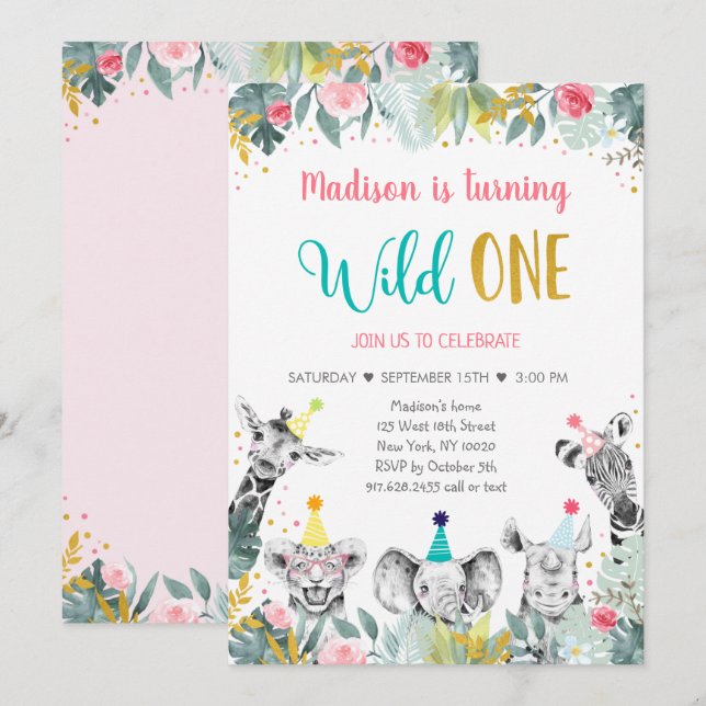 Wild One Pink Gold Party Animal Birthday Invitation (Front/Back)