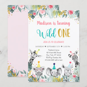 Wild One Pink Gold Party Animal Birthday Invitation