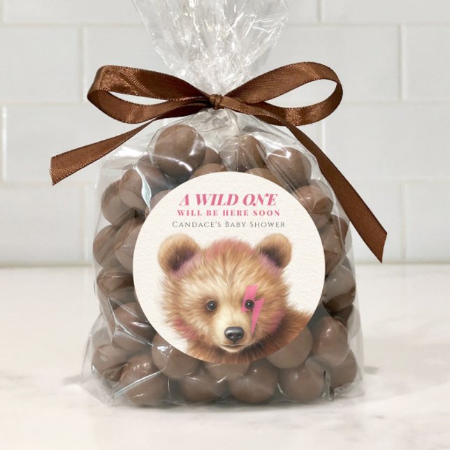 Wild One Pink Hair Bear Baby Shower Classic Round Sticker (Creator Uploaded)