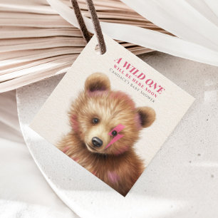 Wild One Pink Hair Bear Baby Shower Favour Tags