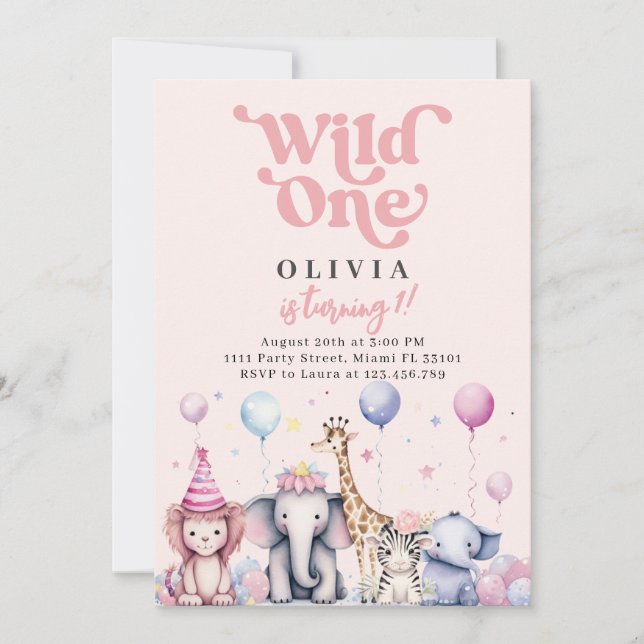 Wild One Pink Jungle Safari Animals Girl Birthday Invitation (Front)