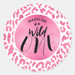 Wild One Pink Leopard 1st Birthday Classic Round Sticker