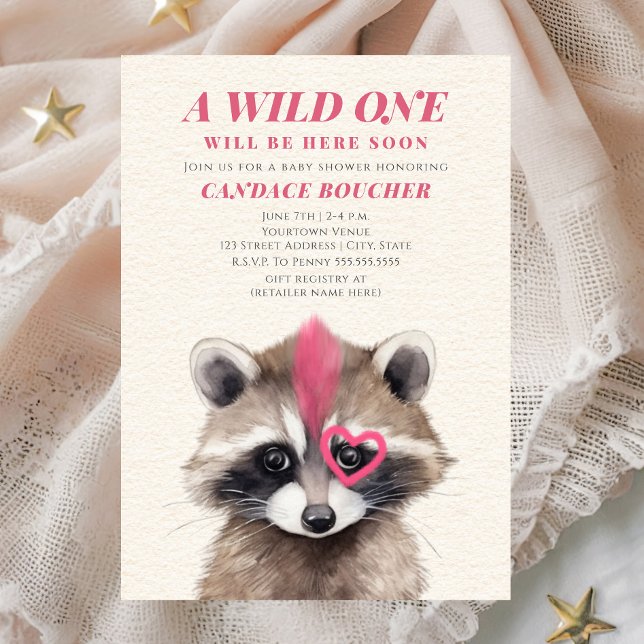 Wild One Pink Mohawk Racoon Baby Shower Invitation (Creator Uploaded)