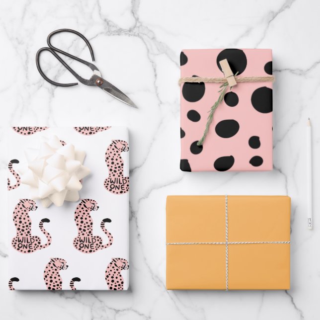 Wild One Pink Orange Leopard Print First Birthday  Wrapping Paper Sheet (Front)
