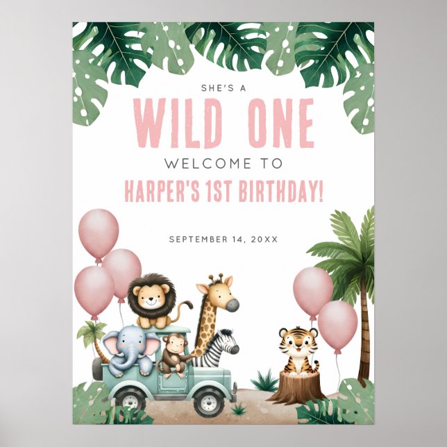 Wild One Pink Safari 1st Birthday Welcome Poster (Front)