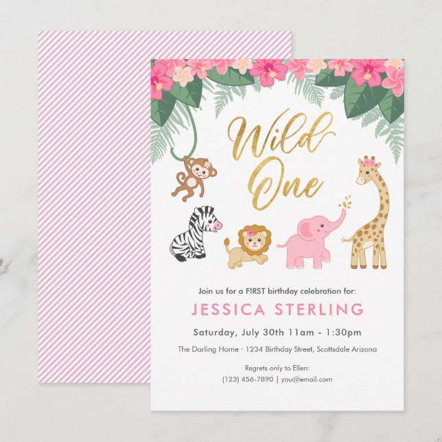 Wild ONE - Pink Safari Girl's FIRST Birthday Invitation (Front/Back)