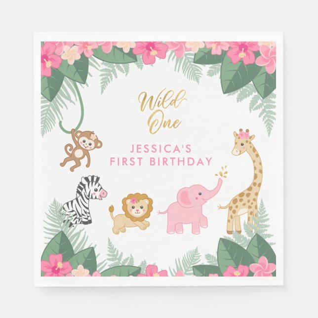 Wild ONE - Pink Safari Girl's FIRST Birthday Napkin (Front)