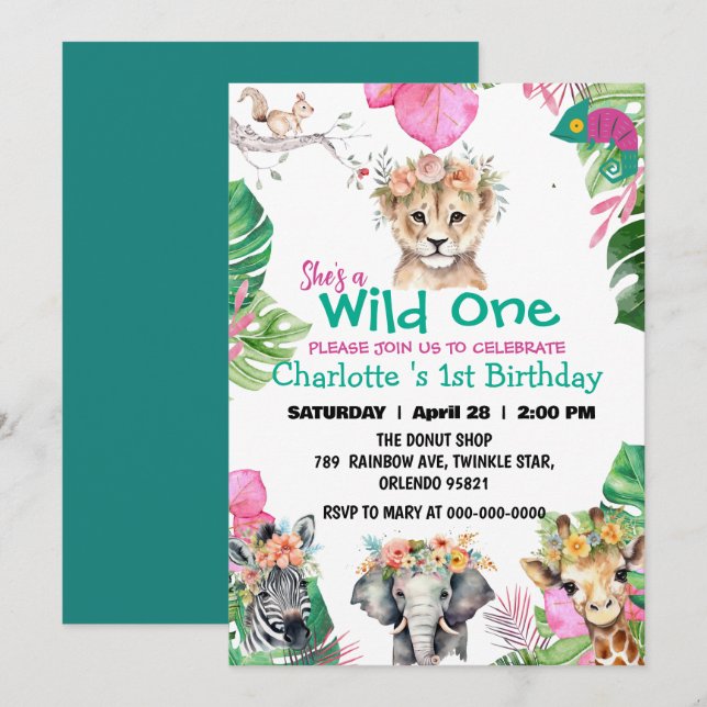 Wild One Pink Safari jungle 1st Animals Birthday Invitation (Front/Back)
