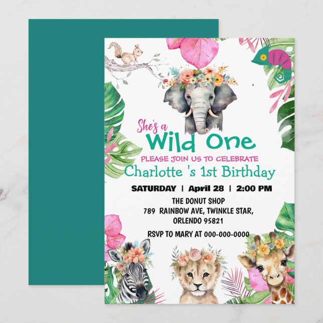 Wild One Pink Safari jungle 1st Animals Birthday Invitation (Front/Back)