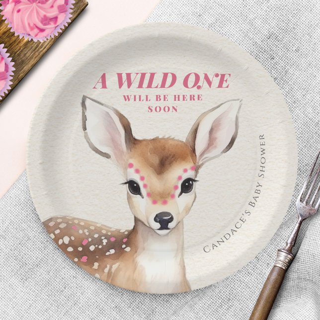 Wild One Pink Spotted Fawn Deer Baby Shower Paper Plate (Creator Uploaded)