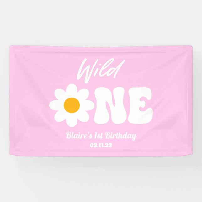 Wild One Pink White Daisy Retro 1st First Birthday Banner (Horizontal)