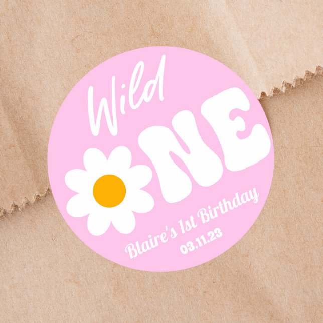 Wild One Pink White Daisy Retro 1st First Birthday Classic Round Sticker (Creator Uploaded)