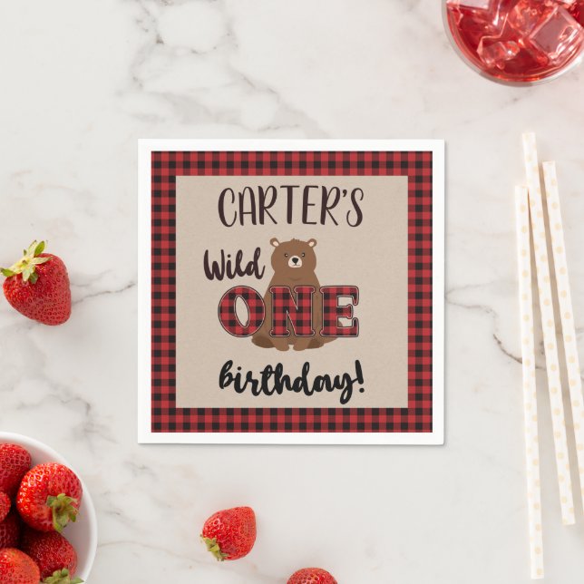 Wild ONE Plaid Bear Birthday Party Napkin (Insitu)
