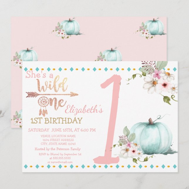 Wild One,Pumpkin, Boho Birthday  Invitation (Front/Back)
