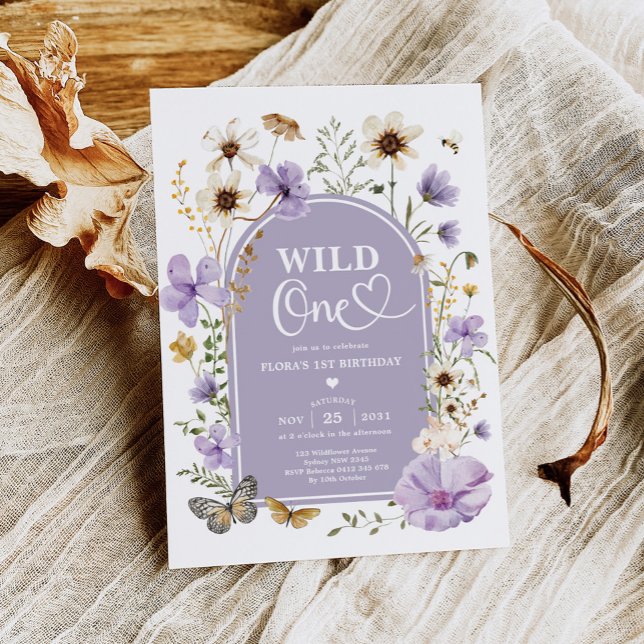 Wild One: Purple Beige Wildflower 1st Birthday Invitation (Creator Uploaded)