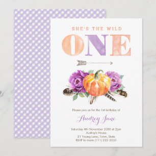 Wild One Purple Orange Pumpkin 1st Birthday Party Invitation