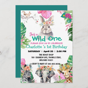 Wild One Rabbit Safari jungle 1st Animals Birthday Invitation