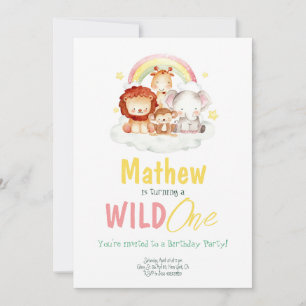 Wild One Rainbow Animals Birthday Invitation 