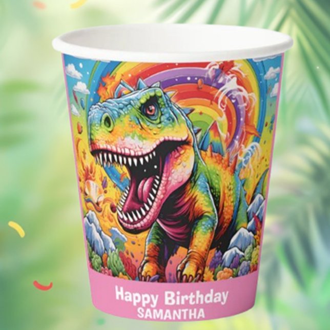 Wild One Rainbow Dinosaur Pink Paper Cups (Fun Wild One Rainbow Dinosaur Pink Paper Cups for Parties)
