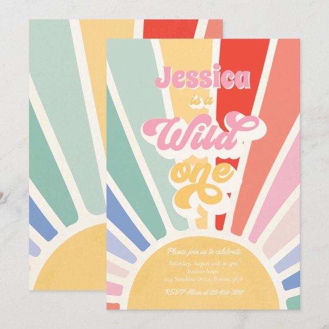 Wild One Rainbow Sunshine 1st Birthday Party Invitation (Front/Back)