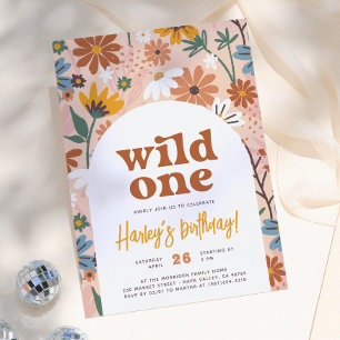 Wild One Retro Boho Wildflower 1st Birthday Party Invitation