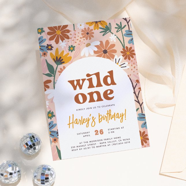 Wild One Retro Boho Wildflower 1st Birthday Party Invitation (Creator Uploaded)