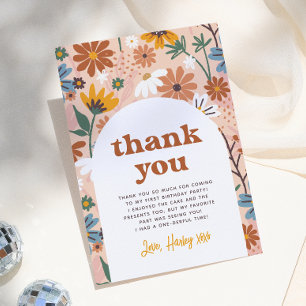 Wild One Retro Boho Wildflower 1st Birthday Party Thank You Card