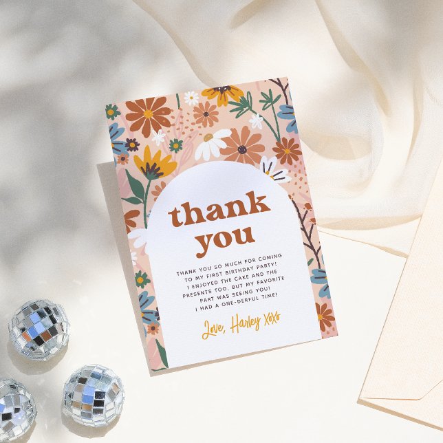 Wild One Retro Boho Wildflower 1st Birthday Party Thank You Card (Creator Uploaded)