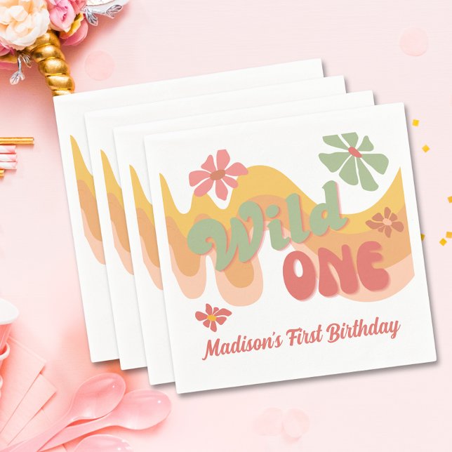 Wild One Retro Rainbow Daisy 1st Birthday Napkins (Creator Uploaded)