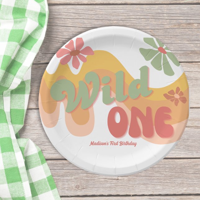Wild One Retro Rainbow Daisy 1st Birthday  Paper Plate (Creator Uploaded)