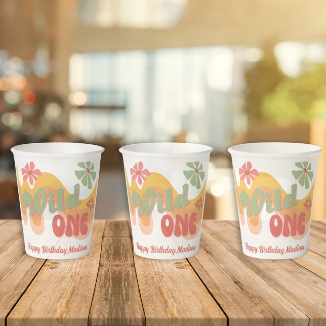 Wild One Retro Rainbow Daisy First Birthday Paper Cups (Creator Uploaded)