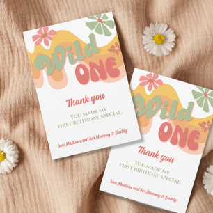 Wild One Retro Rainbow Daisy First Birthday Thank You Card