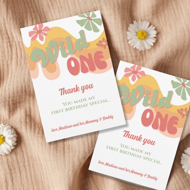 Wild One Retro Rainbow Daisy First Birthday Thank You Card (Creator Uploaded)