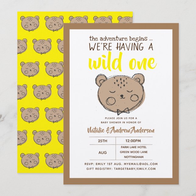 Wild One Rustic Bear The Adventure Begins Yellow Invitation (Front/Back)