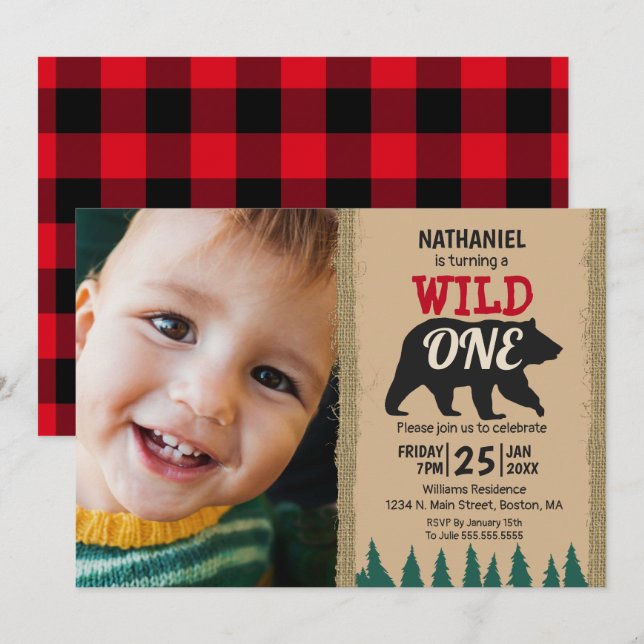 Wild One Rustic Black Bear Buffalo Plaid Photo Invitation (Front/Back)