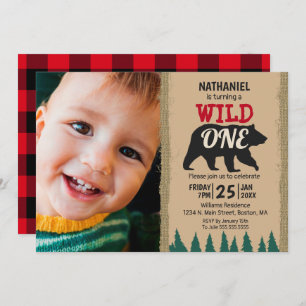 Wild One Rustic Black Bear Buffalo Plaid Photo Invitation
