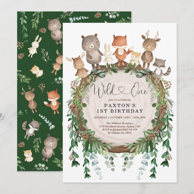 Wild One Rustic Woodland Forest Animals Birthday Invitation (Front/Back)