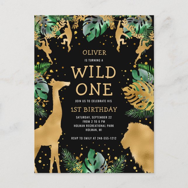 Wild One Safari 1st Birthday Black Gold Green Invitation Postcard (Front)
