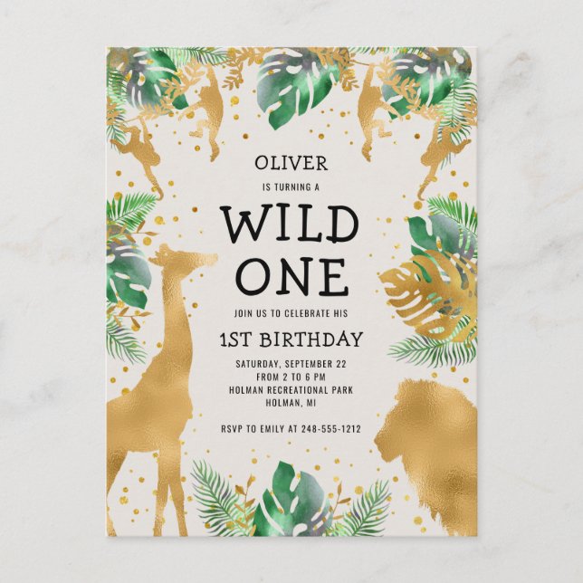 Wild One Safari 1st Birthday Green Gold Ecru Invitation Postcard (Front)