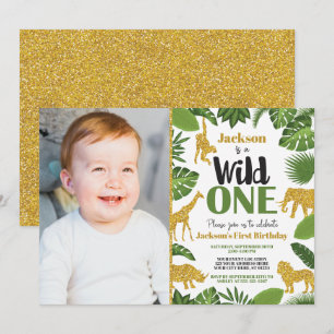 Wild One Safari 1st Birthday Invitation Boy Gold