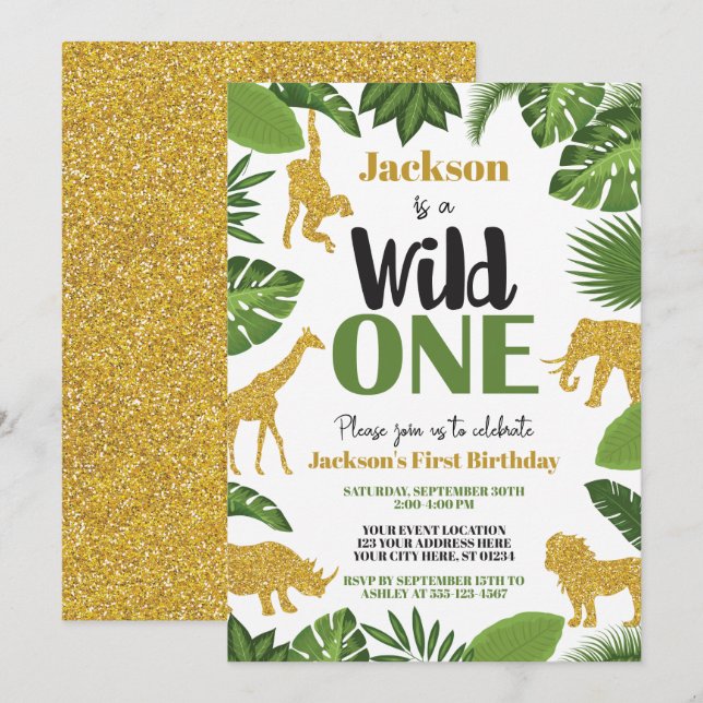 Wild One Safari 1st Birthday Invitation Boy Gold (Front/Back)